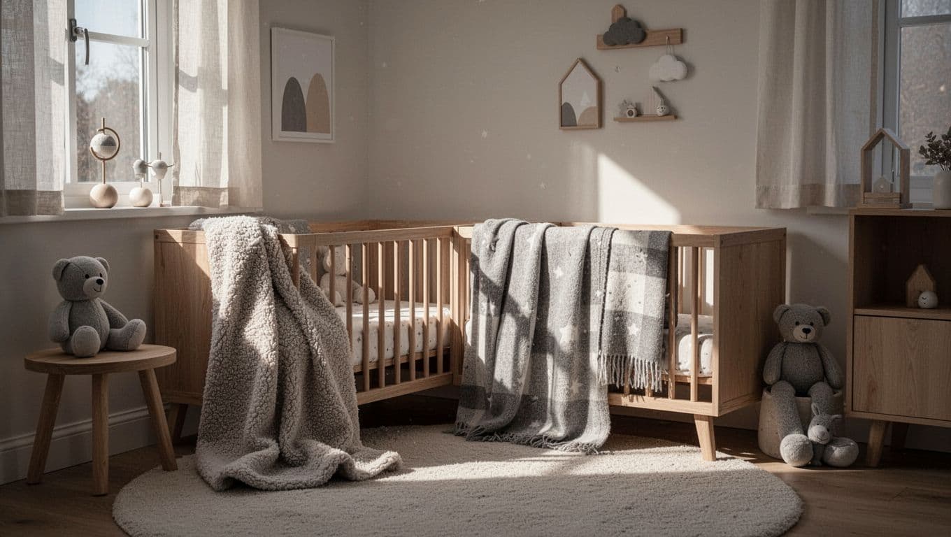 A soft beige rocking chair sits next to a wooden crib piled with plush white blankets. Warm sunlight filters through sheer curtains, highlighting minimalist wall art and textured cotton pillows nearby.