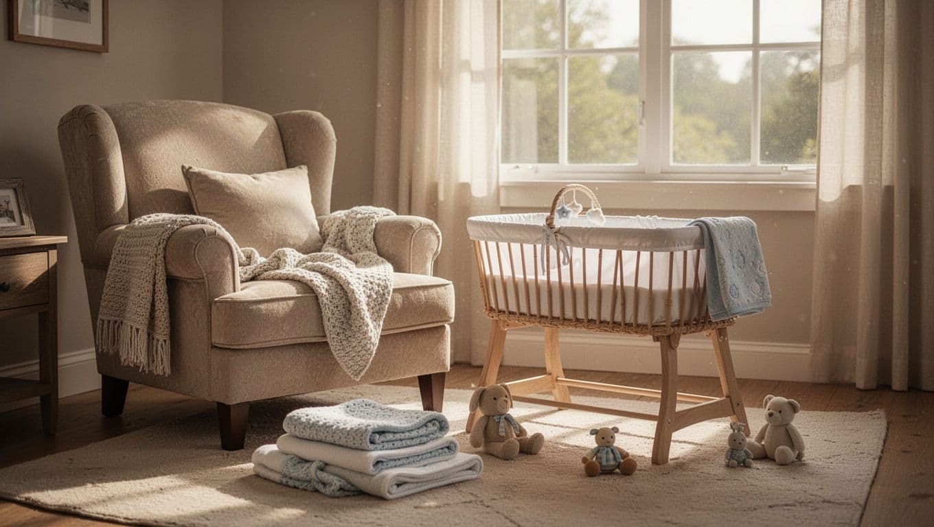 A plush armchair sits beside a classic woven bassinet in a warmly lit living area. Soft blankets and small baby essentials are neatly arranged, creating a peaceful space for daily care.