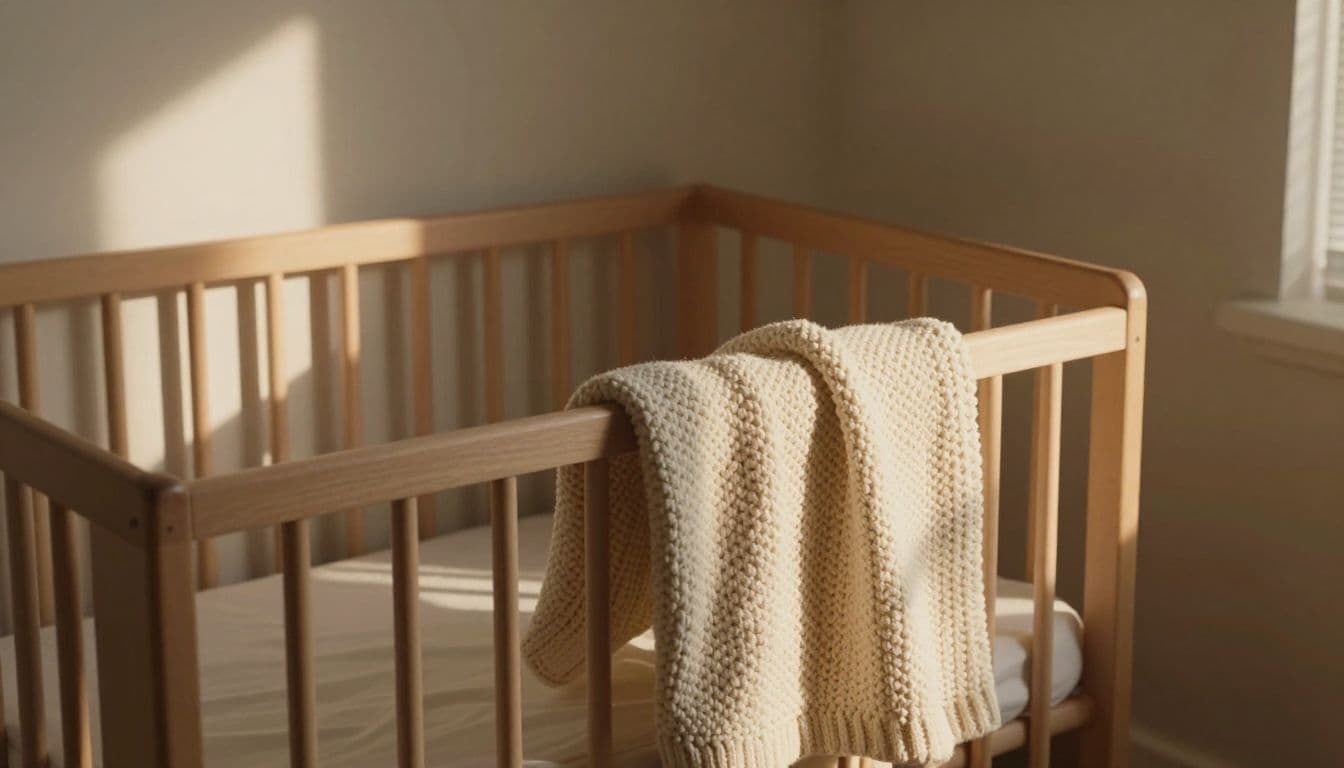 A wooden crib sits against a soft-lit wall covered in a textured knitted blanket. The gentle cinematic glow emphasizes a peaceful atmosphere perfect for a minimalist and modern baby room.