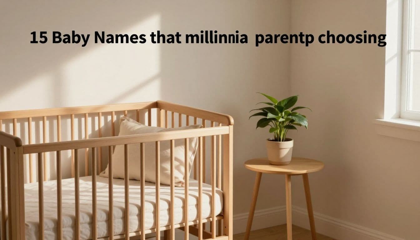 A wooden crib with soft pastel bedding sits in a nursery beside a small side table holding a leafy plant. Warm, cinematic light filters through, casting gentle shadows across the minimalist room.