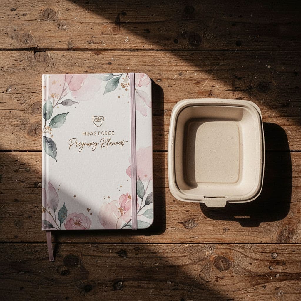 A pregnancy planner sits beside a gift card and a takeout food container on a rustic wooden table. The warm ambient lighting highlights the textures of the notebook and paper packaging.