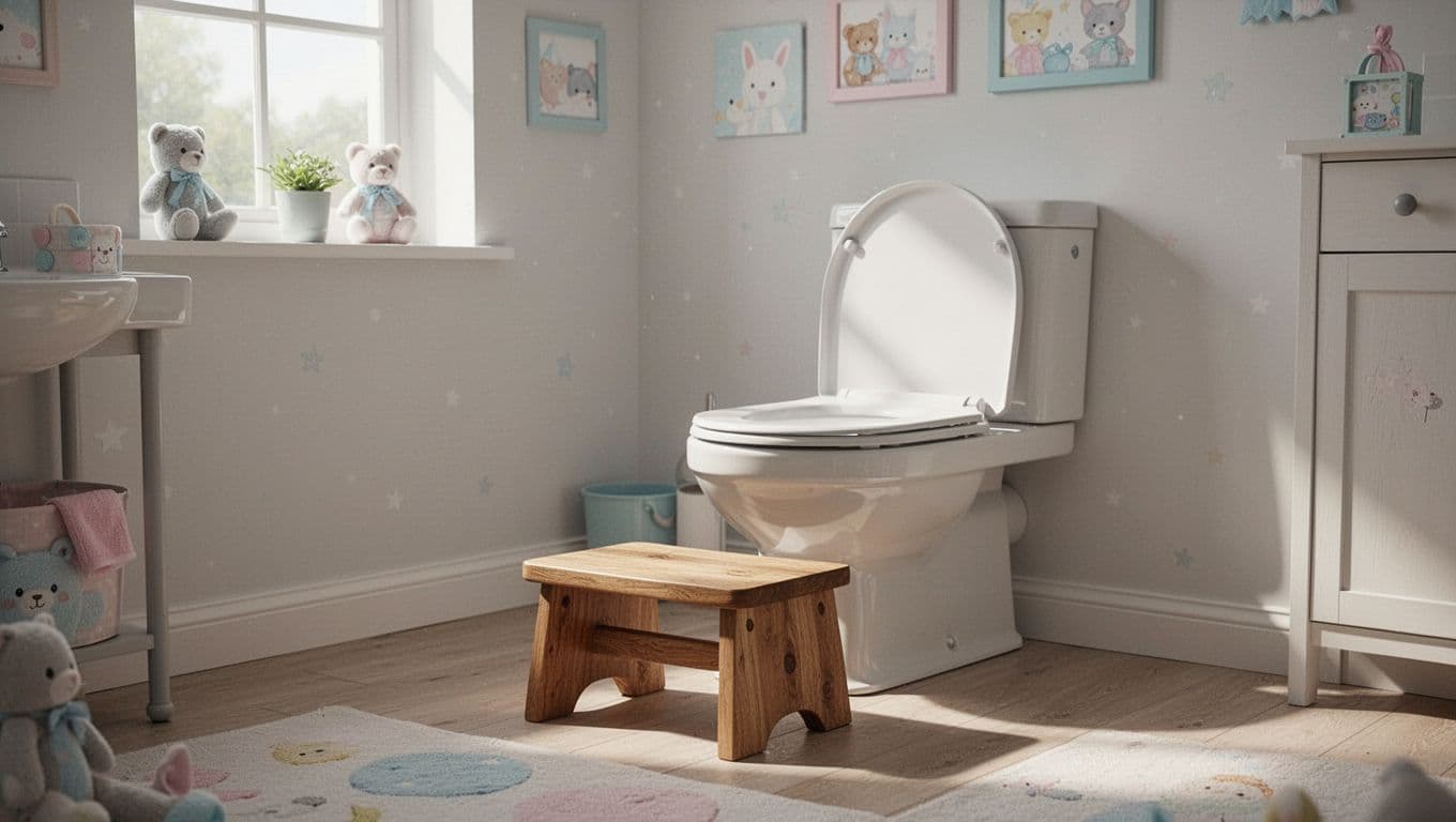 A bright bathroom features a sturdy wooden footstool placed carefully before a crisp white toilet. Soft sunlight illuminates the clean, minimalist surfaces, creating a calm and supportive space for young children.