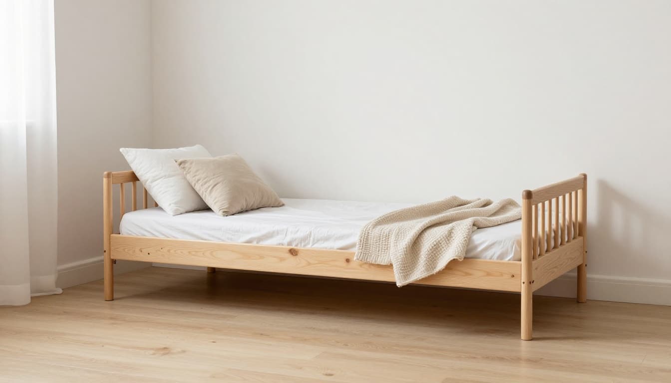 Empty toddler bedroom with wooden floor-level bed, soft lighting, and minimal decor.