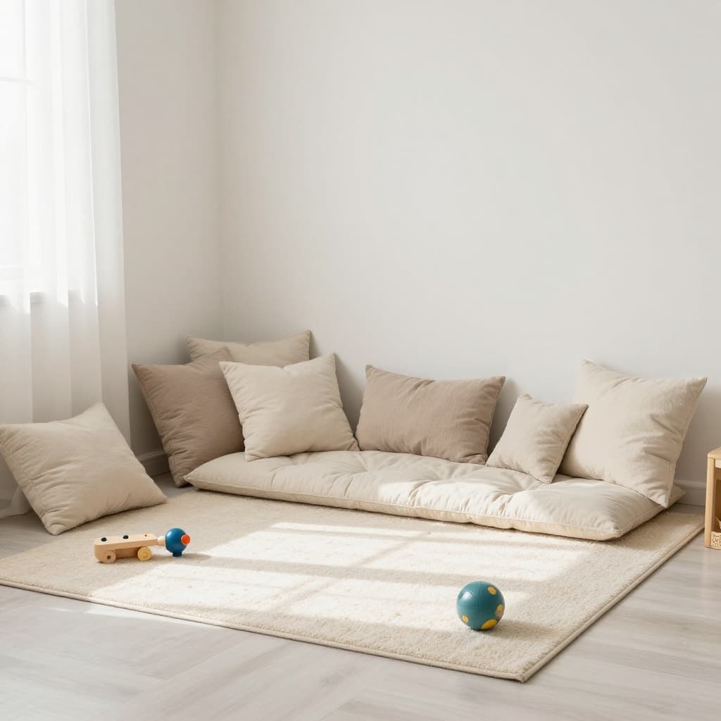 Sunny living room corner with plush cushions, small rug, and sensory toys.