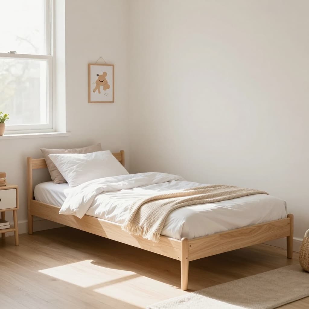 Sunlit toddler bedroom with low floor bed, soft bedding, and simple decor.