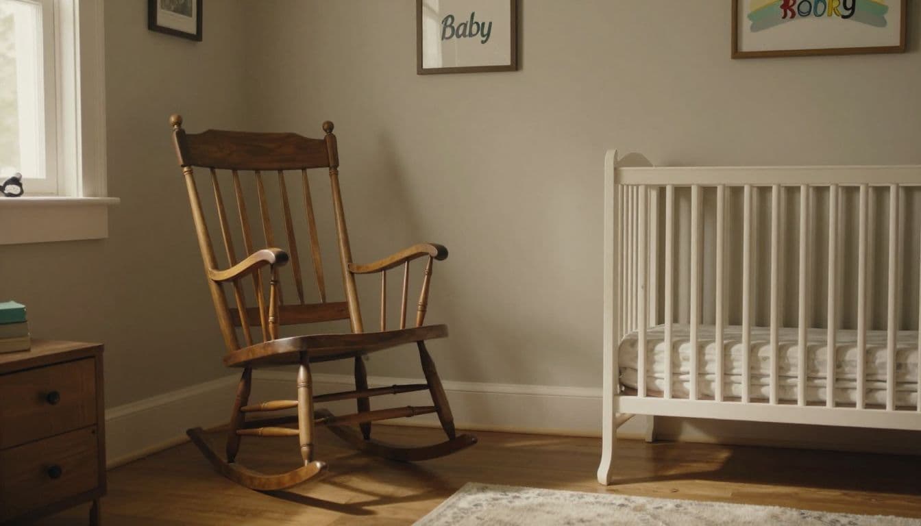 A wooden rocking chair sits beside a cream-colored crib in a sunlit room featuring soft pastel walls. Antique wooden toys and a woven rug complete the warm, nostalgic atmosphere of space.