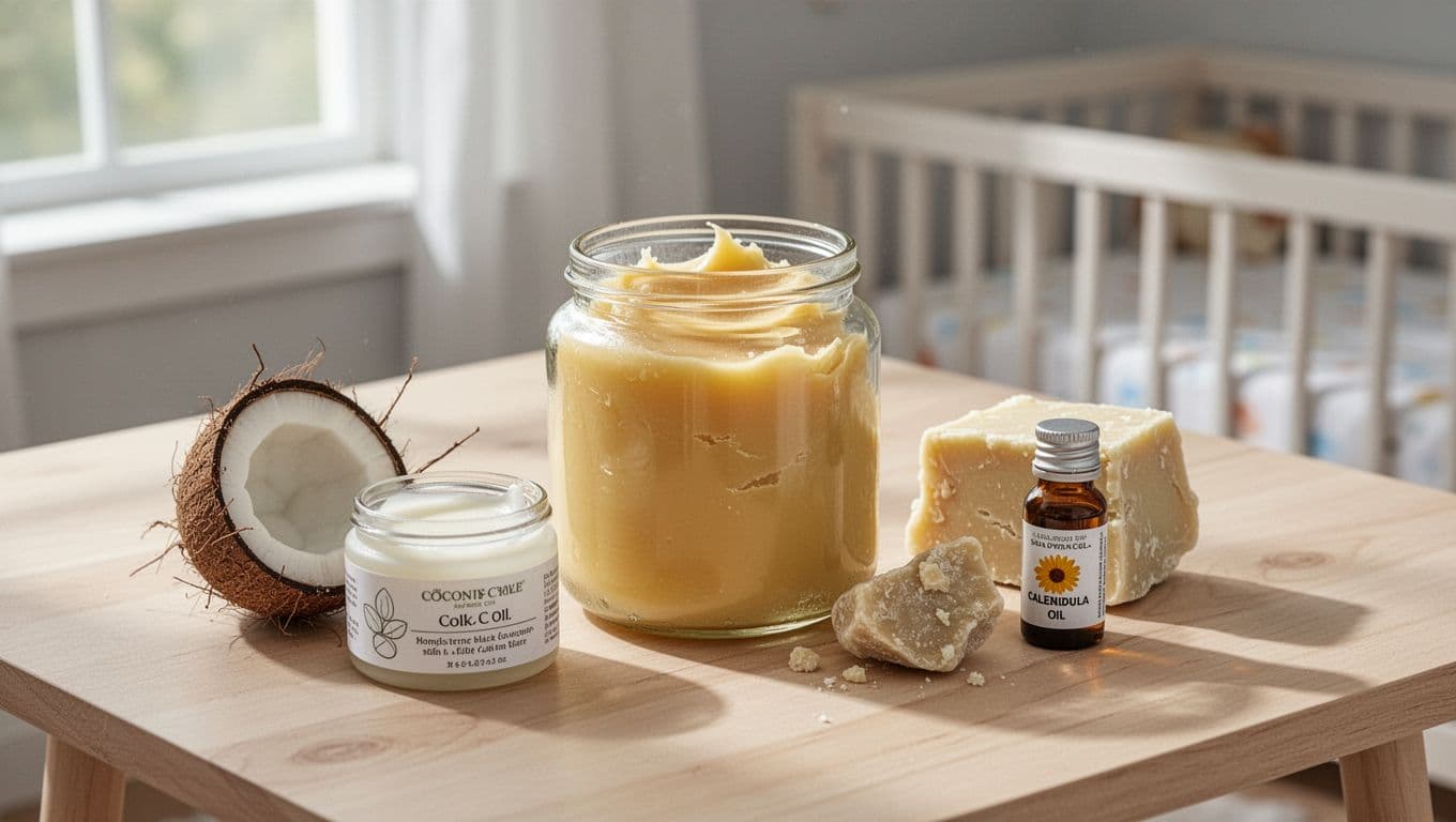 Small clear glass jar of soft yellow balm on light wooden surface, surrounded by open coconut oil jar, shea butter chunk, and calendula oil bottle.