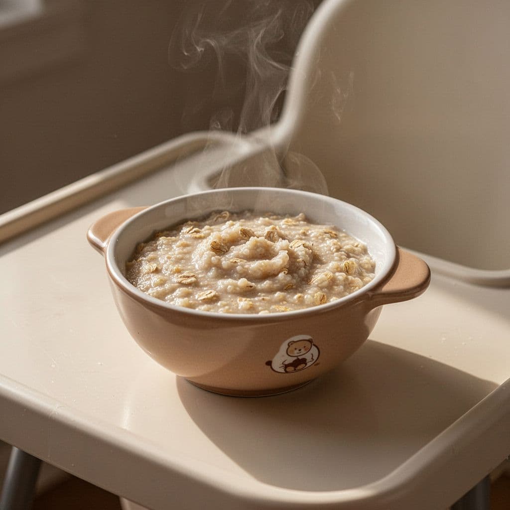 Small baby bowl filled with creamy oatmeal porridge on high chair tray, subtle steam rising.