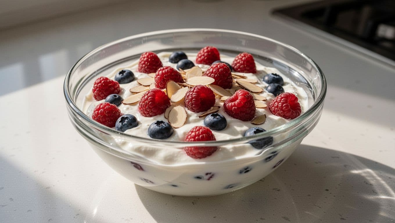 A glass bowl sits on a bright kitchen counter, filled with thick creamy yogurt. It is decorated with vibrant raspberries, blueberries, and crunchy sliced almonds under soft morning light.