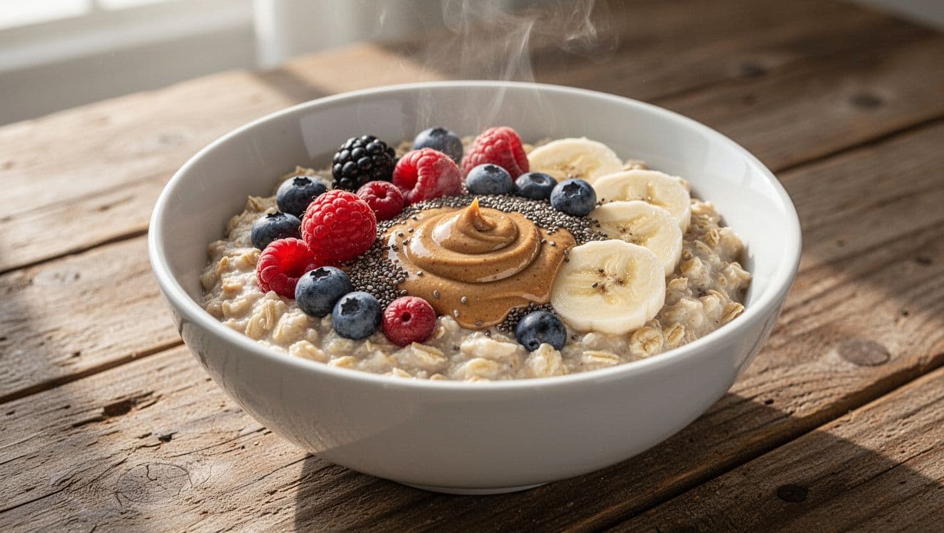 White bowl of creamy oatmeal topped with mixed berries, chia seeds, sliced banana, and almond butter swirl on wooden table.