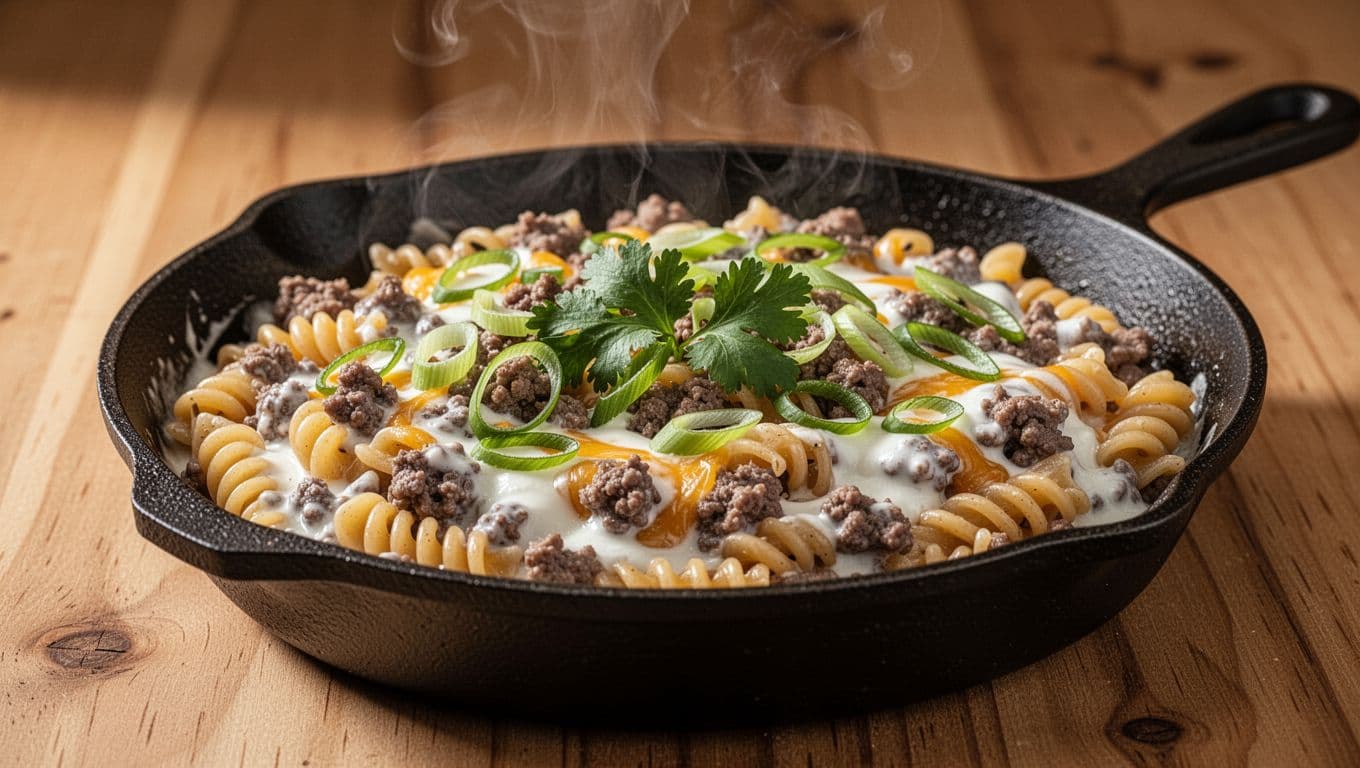 Side-angle close-up of cast-iron skillet with rotini in cheese sauce, beef chunks, sour cream dollops, green onions, cilantro, and rising steam.