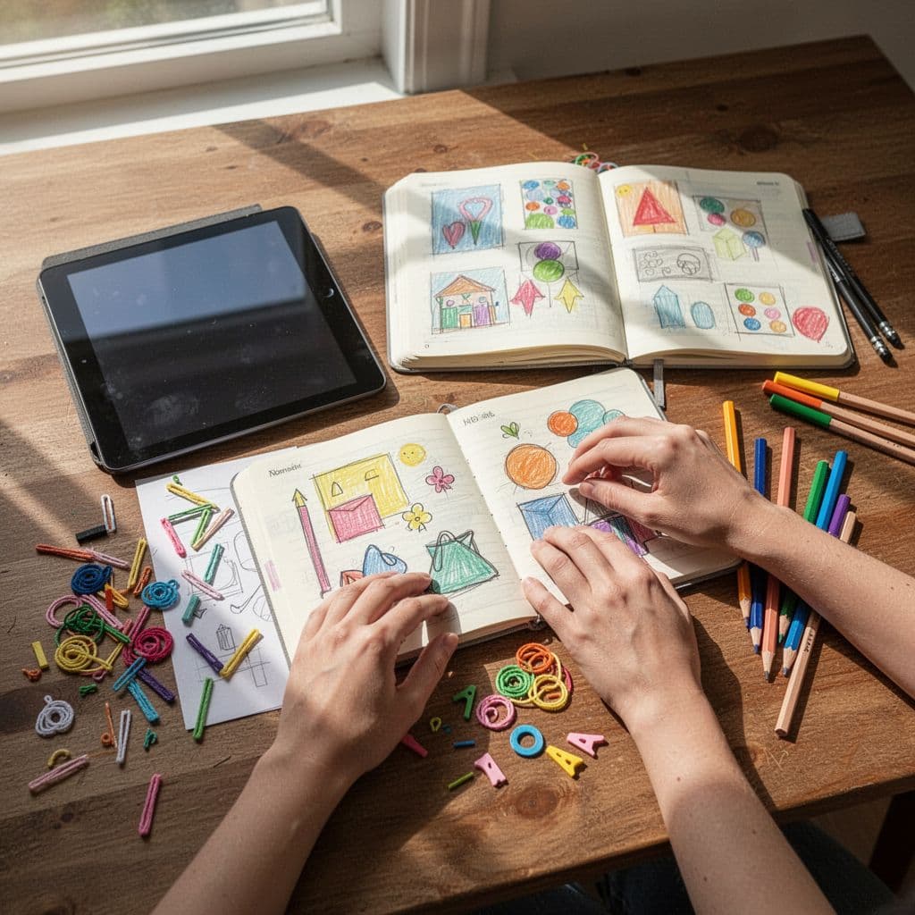 A person's hands arrange craft supplies, a notepad, and a tablet on a wooden surface.