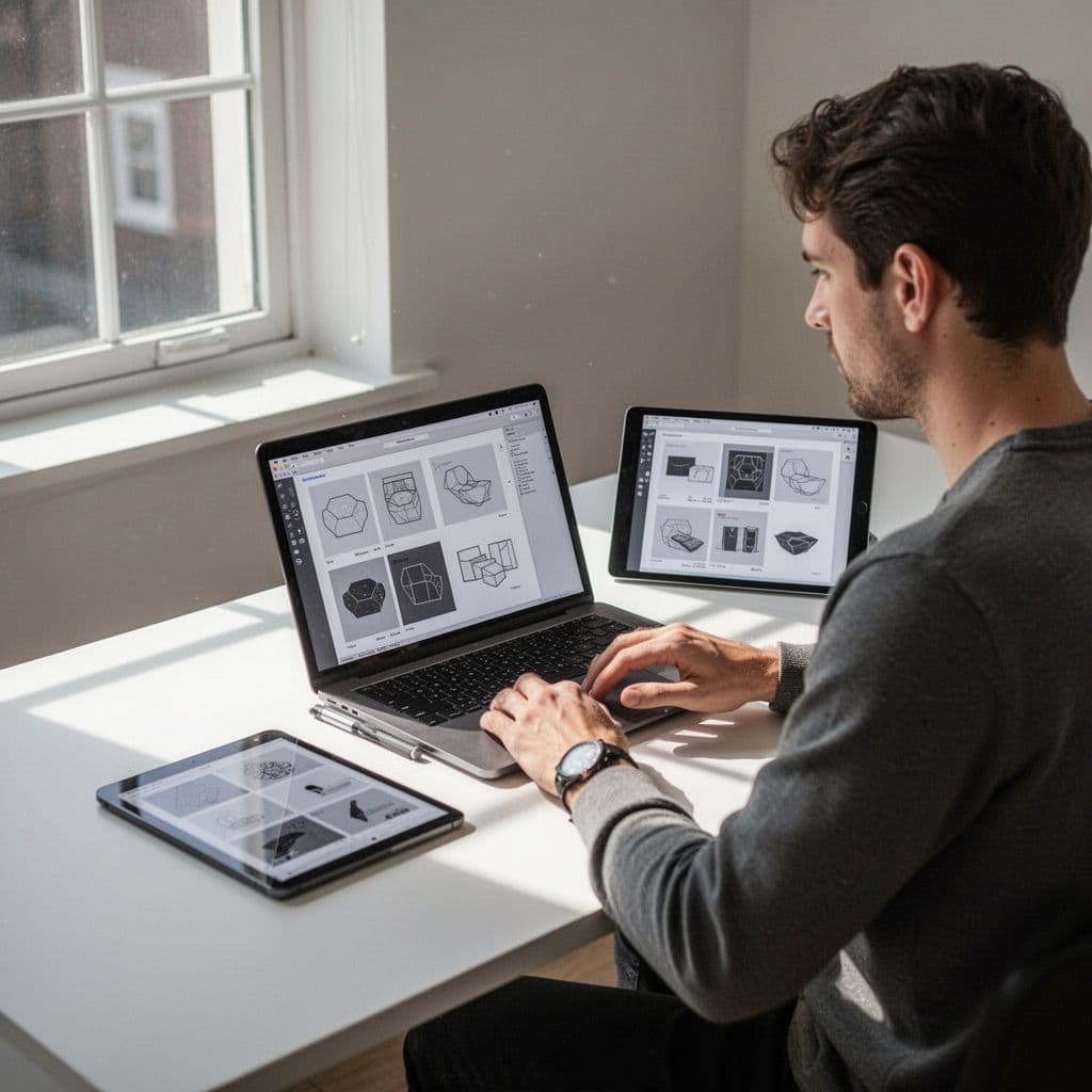 A designer works at a minimalist desk with a laptop and tablet comparing project variations.