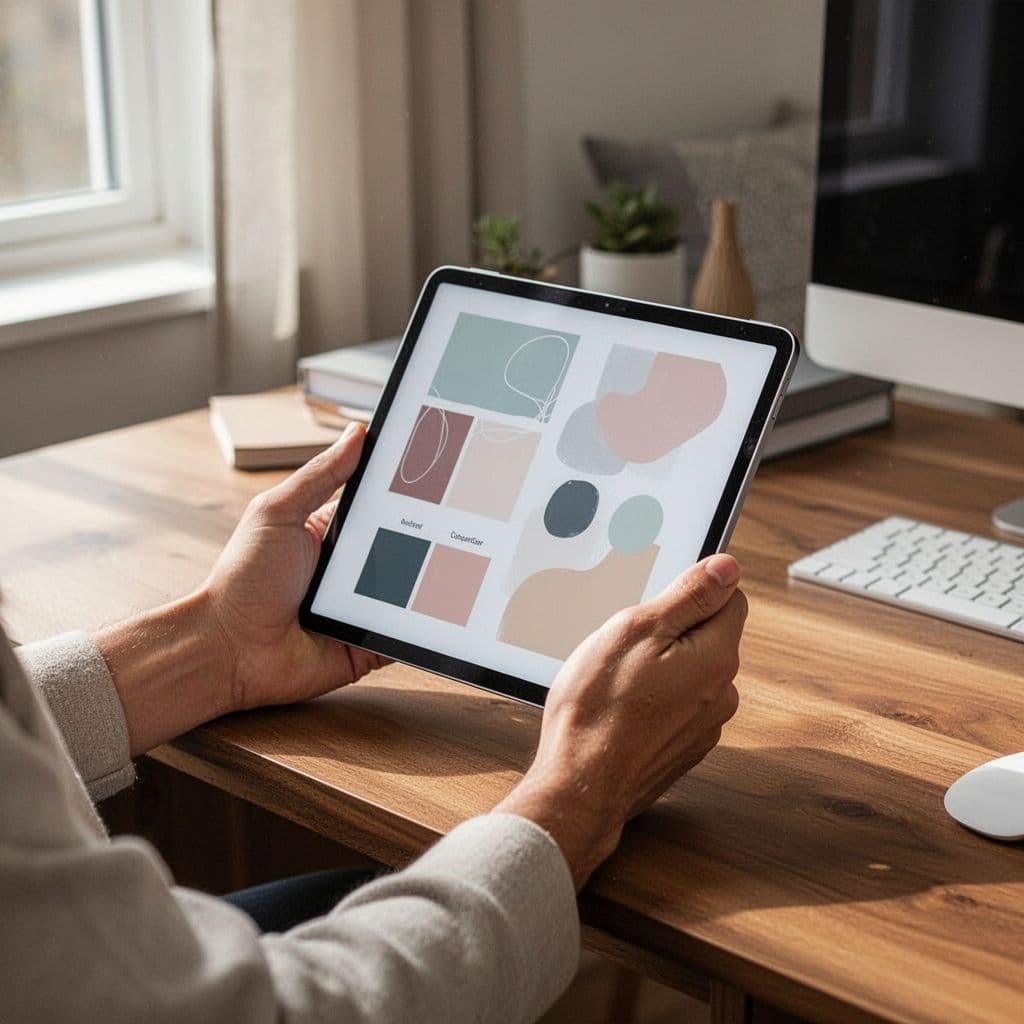 A person holds a tablet displaying abstract design palettes in a bright, cozy home office.