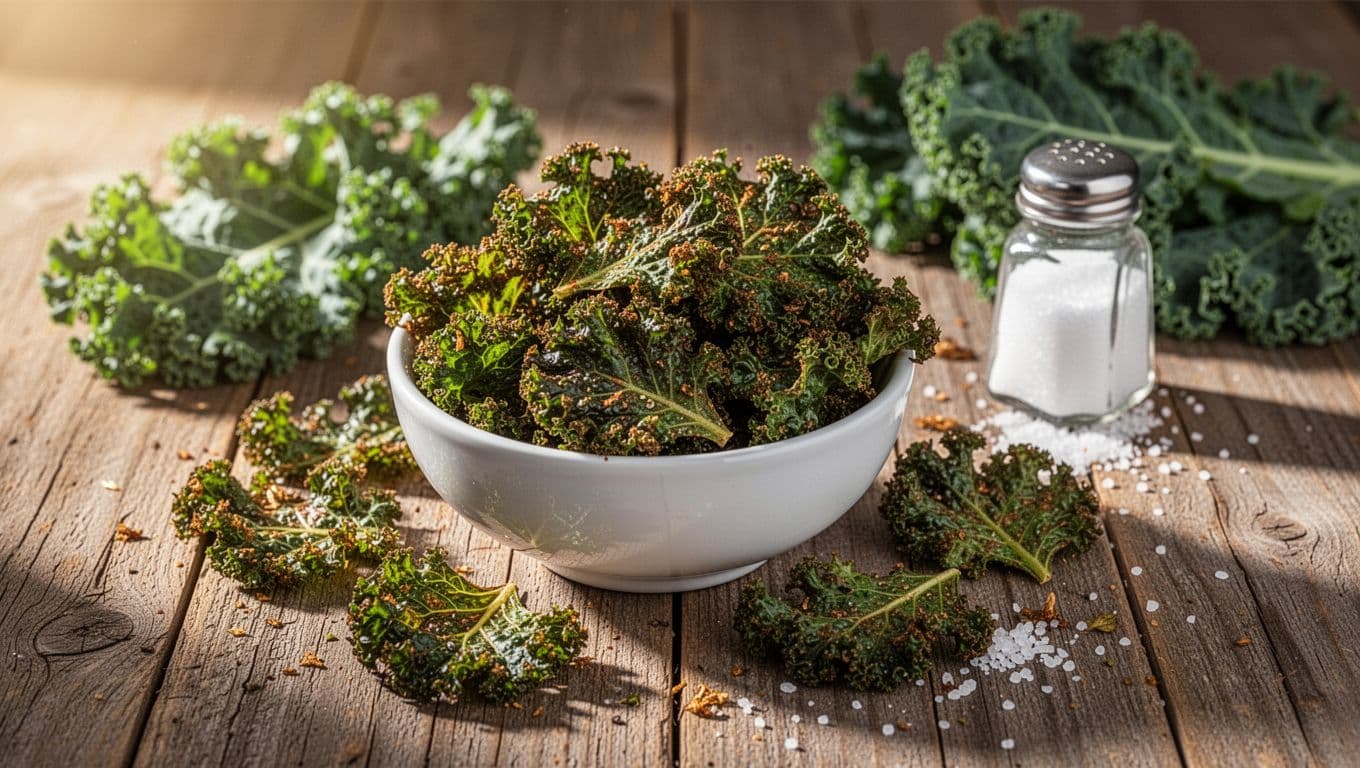 Crispy kale chips in a small white bowl on rustic wooden table with fresh kale leaves and sea salt shaker nearby.