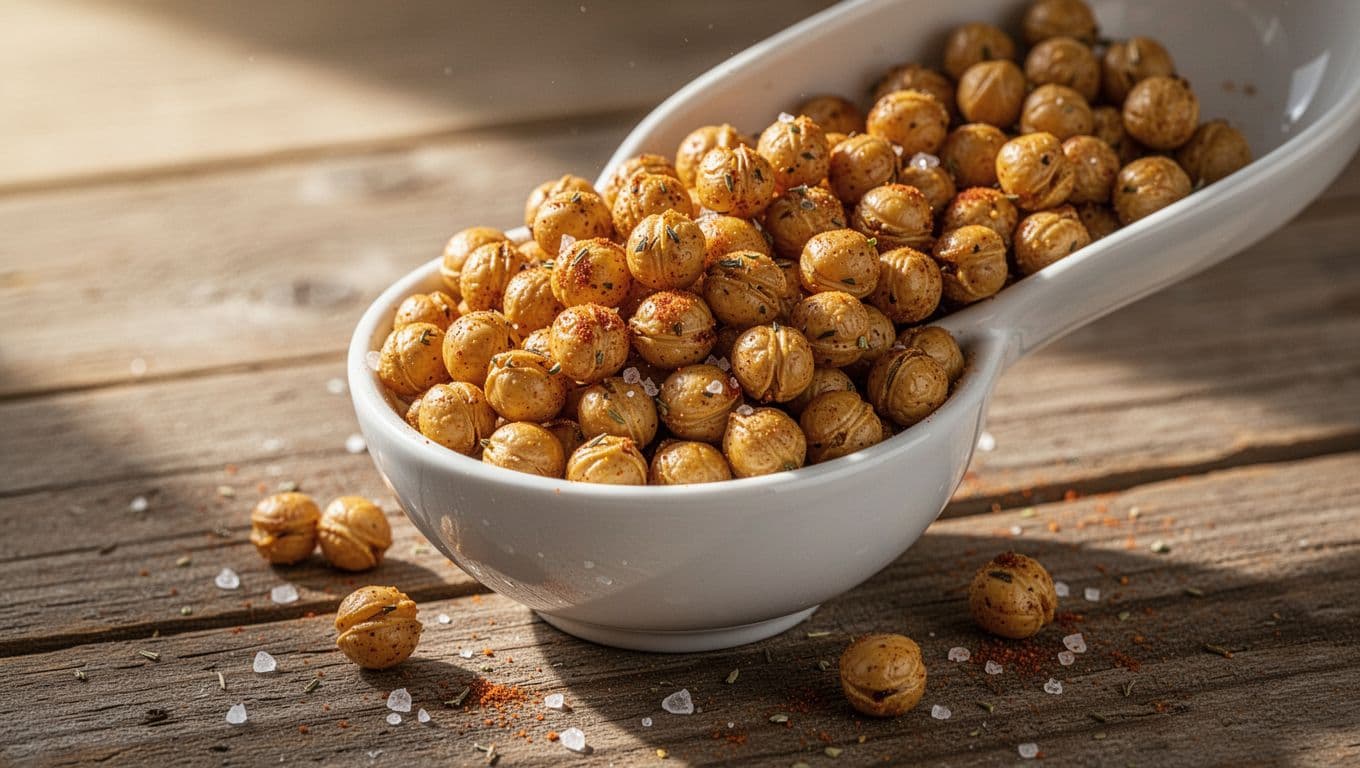 Small white bowl overflows with golden roasted chickpeas on rustic wooden table under warm side sunlight.