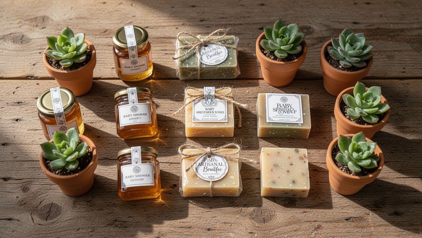 An assortment of thoughtful party favors including honey jars, handmade soaps, and tiny succulents in terracotta pots rests on a textured wooden table, illuminated by warm, directional golden hour sunlight.