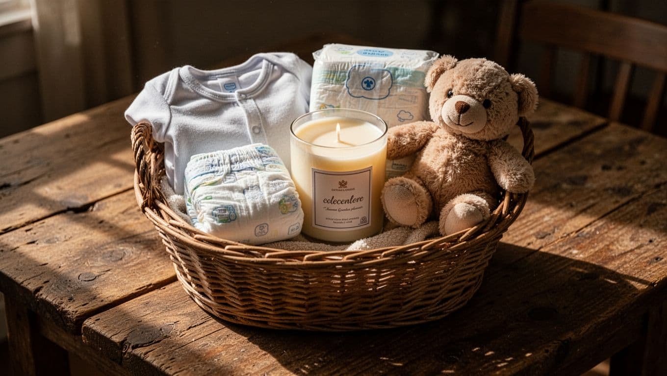 A rustic wooden tabletop holds a thoughtfully arranged wicker gift basket filled with soft baby clothes, a plush toy, diapers, and a scented candle. Dramatic lighting highlights the rich textures throughout.