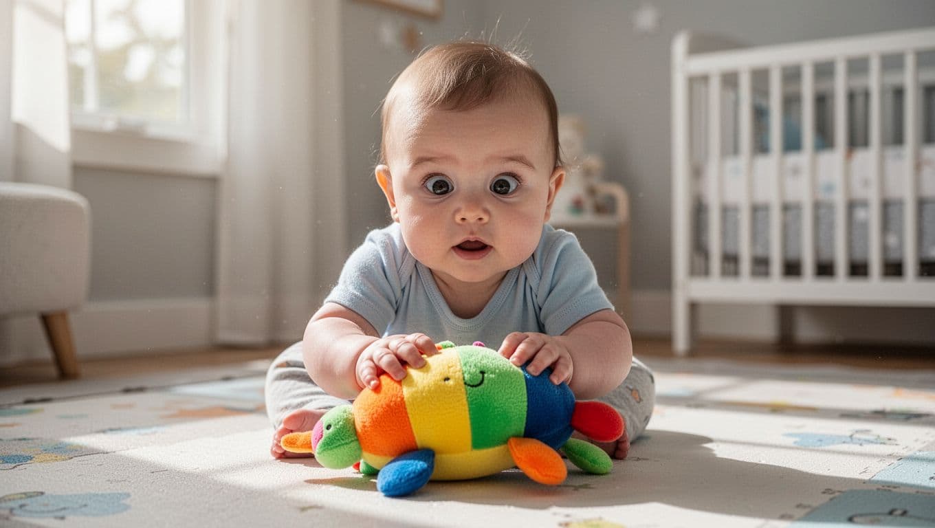 A 6-month-old baby with wide alert eyes intently examines a colorful soft toy on a play mat in a bright nursery.