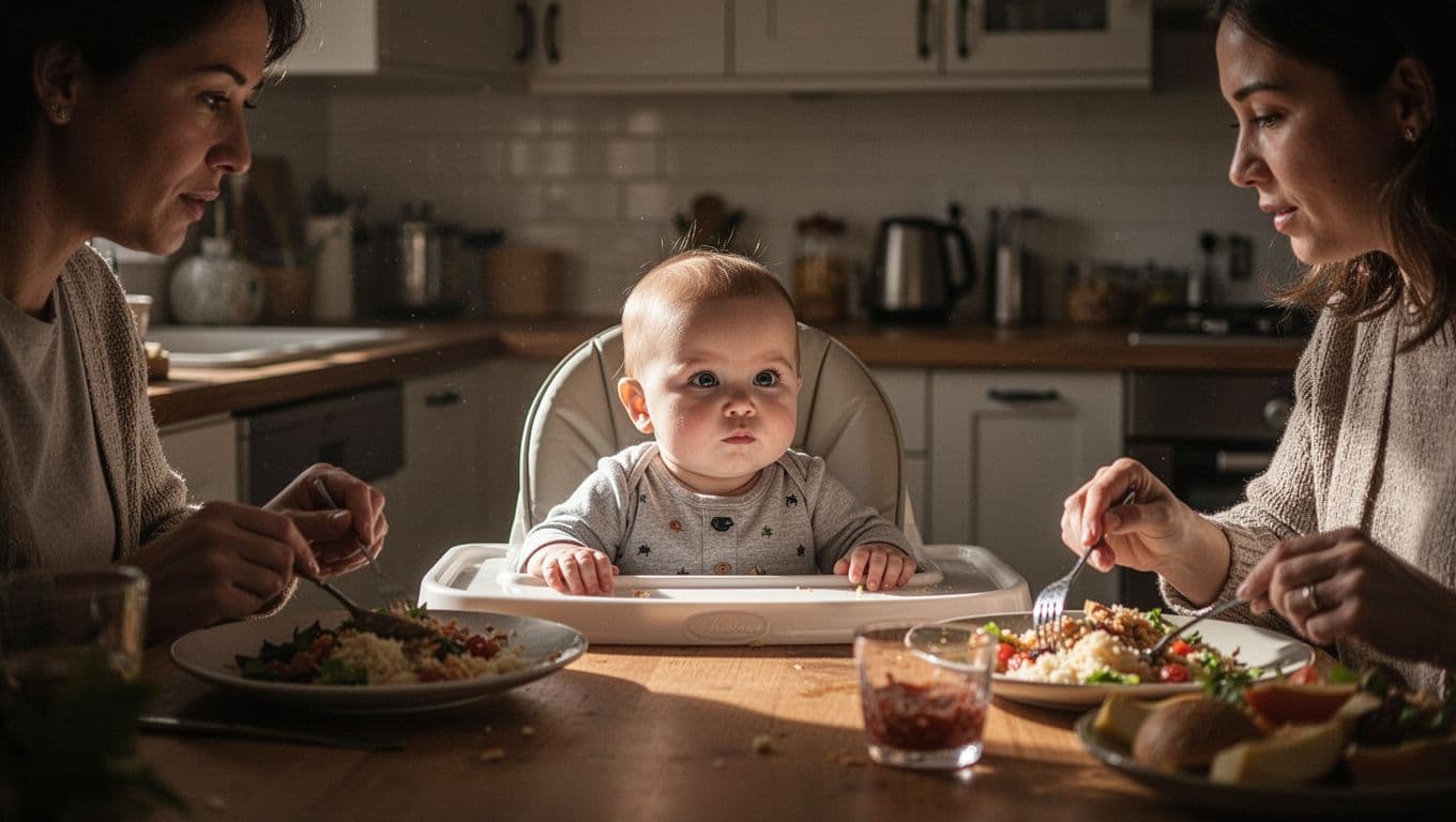 A toddler sits in a wooden high chair, leaning forward with an attentive gaze. Soft, golden light highlights the child's focused expression as they observe mealtime activities from across the table.