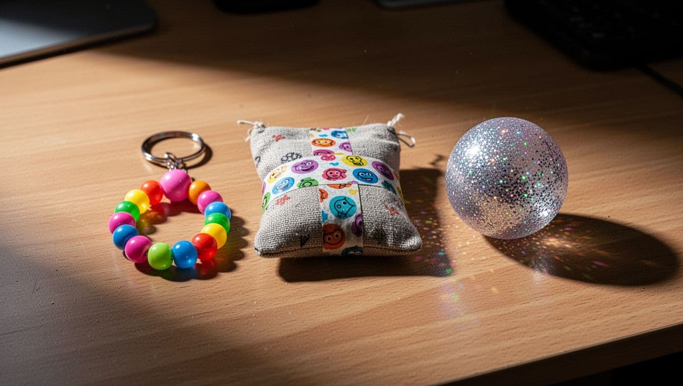 A wooden table surface displays handcrafted fidget tools including a vibrant beaded keychain, a decorative fabric pouch layered with colorful washi tape, and a shimmering glitter-filled stress ball in dramatic light.