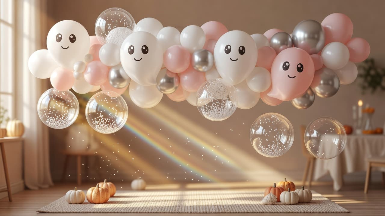 A decorative garland featuring balloons with ghost faces and confetti near small pumpkins.