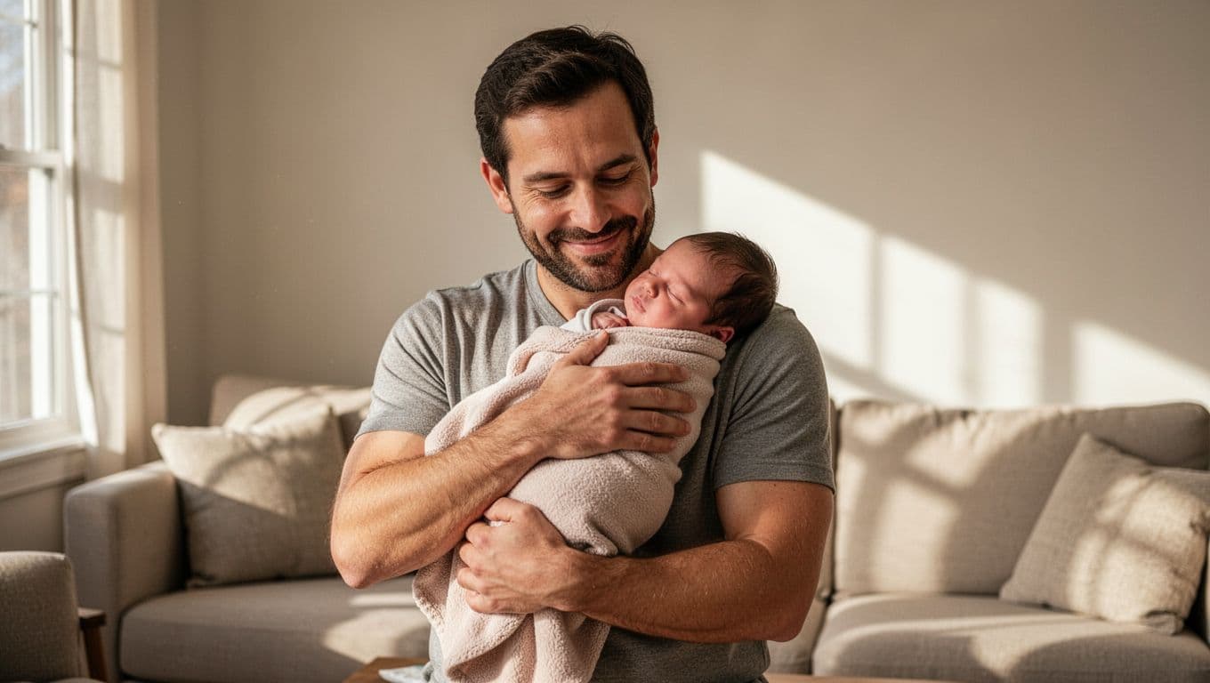 Father holds and burps newborn baby over shoulder in cozy living room with soft light.