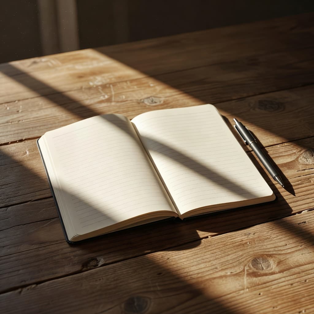 An open blank notebook rests on a polished wooden surface with a single ink pen resting beside it. Warm, amber sunlight streams across the page, creating sharp, dramatic shadows throughout.