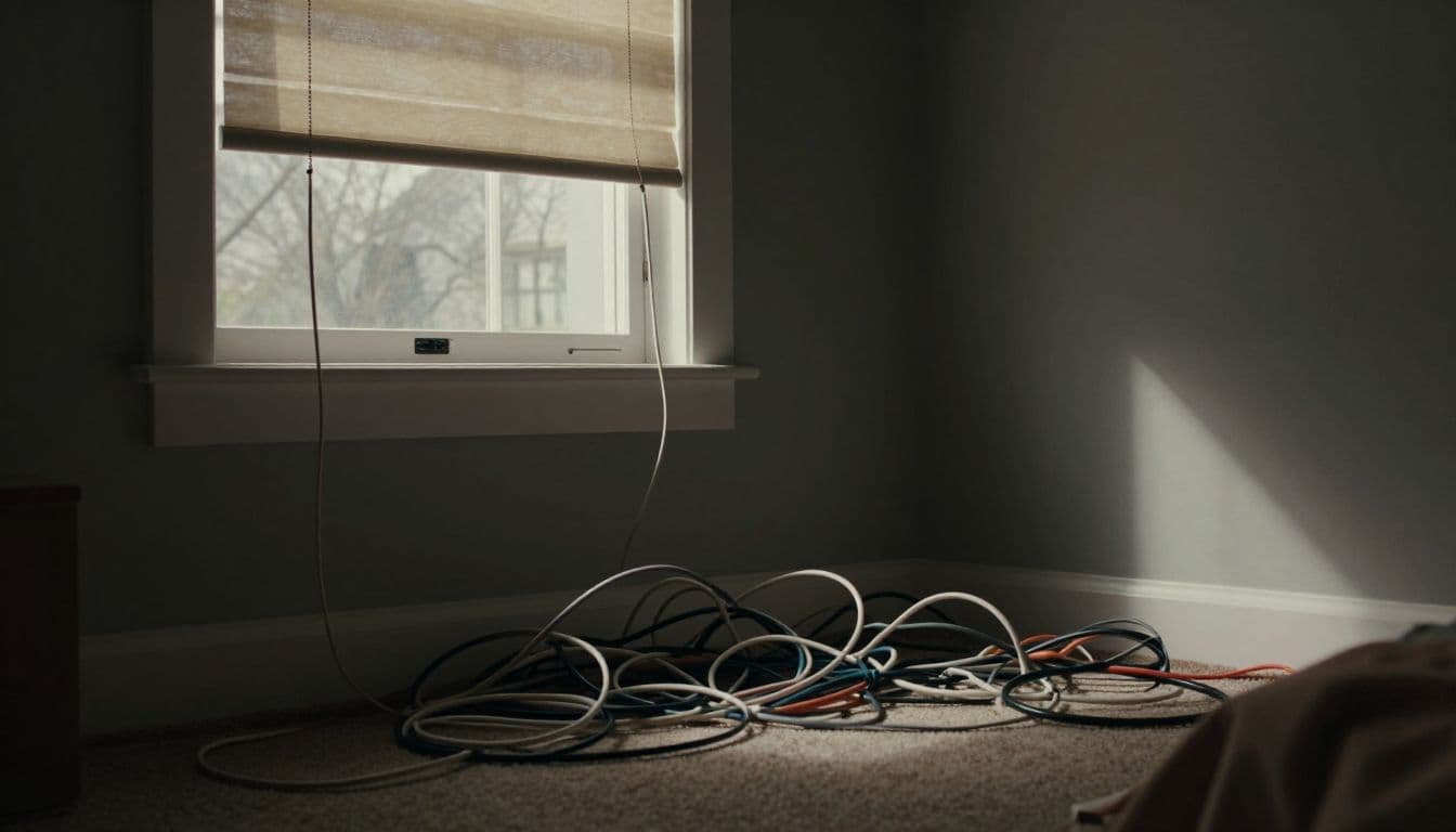 A tangled mess of electrical wires and long blind cords drapes dangerously near a sunny window in a child's bedroom. High contrast lighting highlights the tripping and strangulation hazards present here.