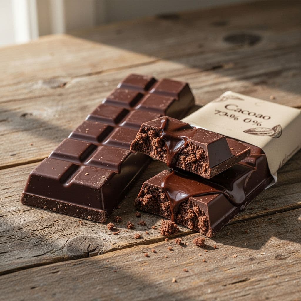 Three dark chocolate bars labeled 50%, 70%, and 85% cocoa on a rustic wooden table, one broken revealing rich texture.