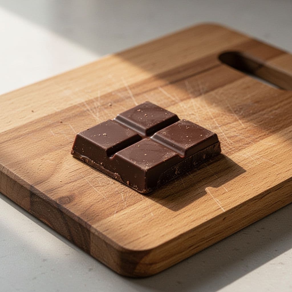 Single square of dark chocolate on clean wooden cutting board.