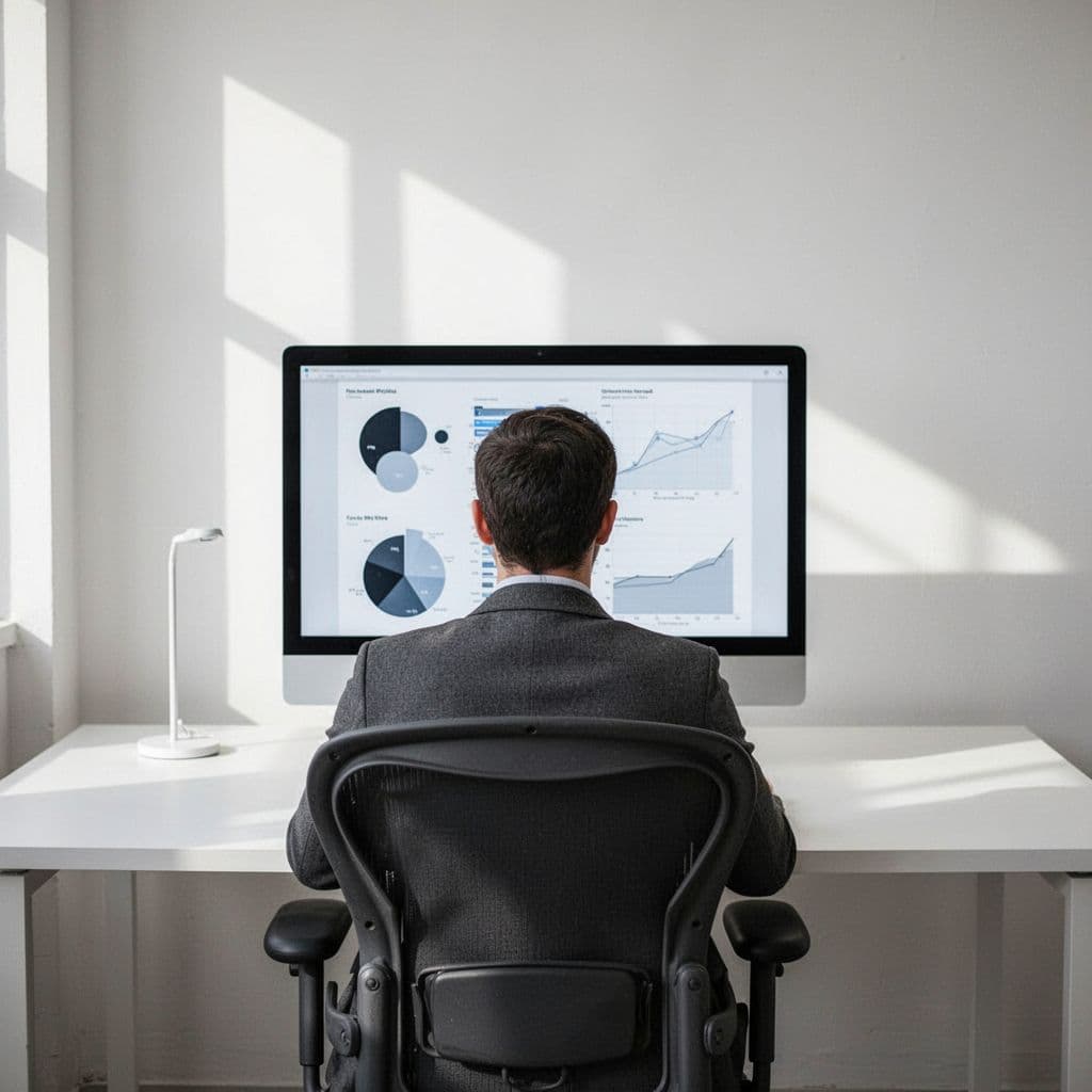 Person at desk views abstract charts and graphs on computer screen in clean office.