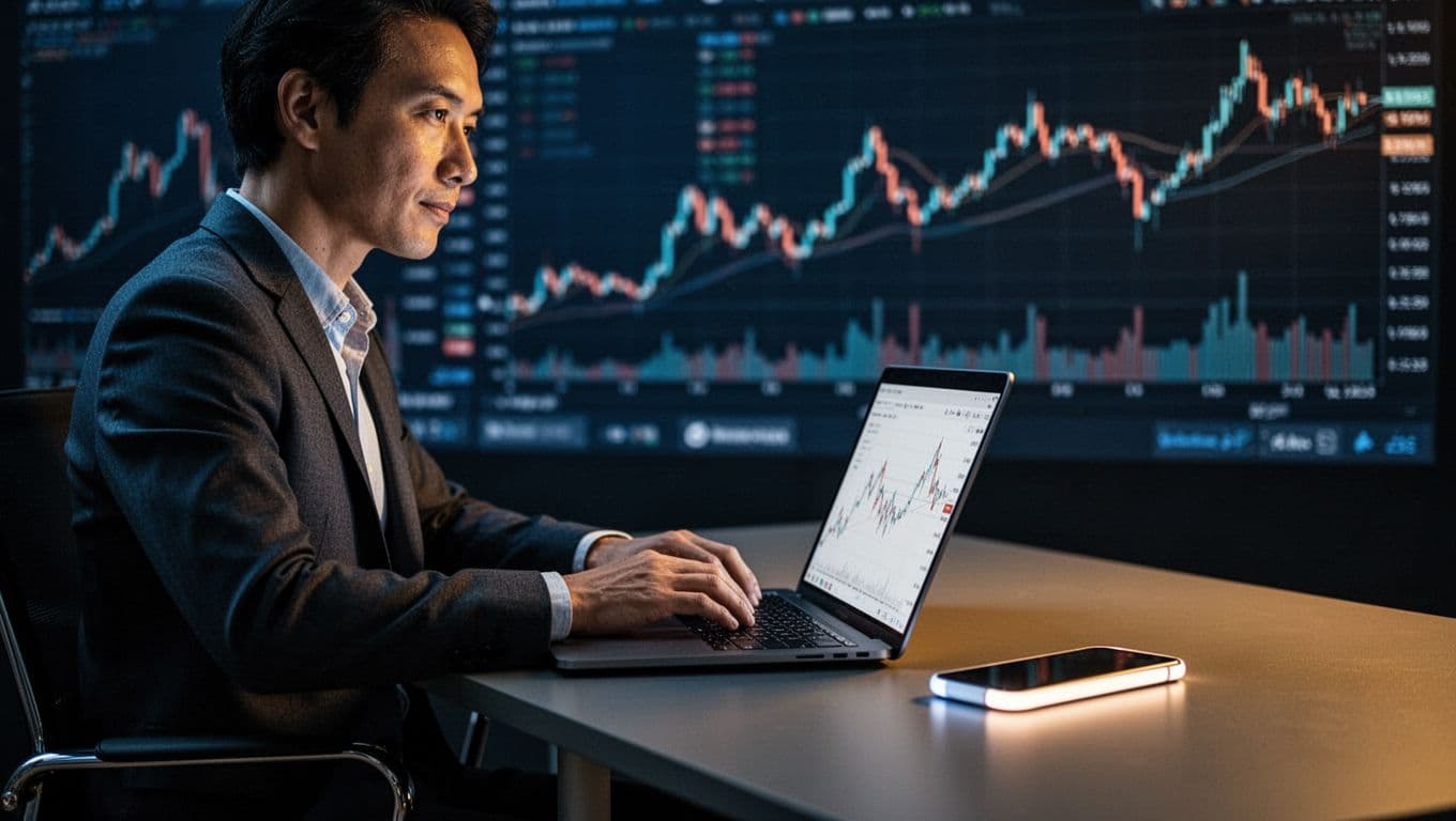 A focused individual works at a desk featuring a glowing smartphone and laptop. In the background, blurred financial charts emerge from the dark, moody environment with subtle blue and gold lighting.