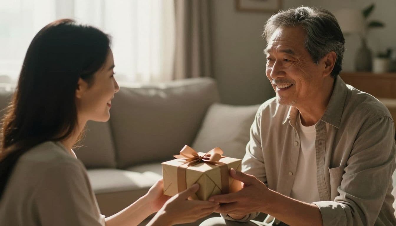 An adult woman offers a beautifully wrapped gift to her smiling father inside a sunlit home. The intimate moment highlights their bond as warm afternoon light illuminates their happy facial expressions.
