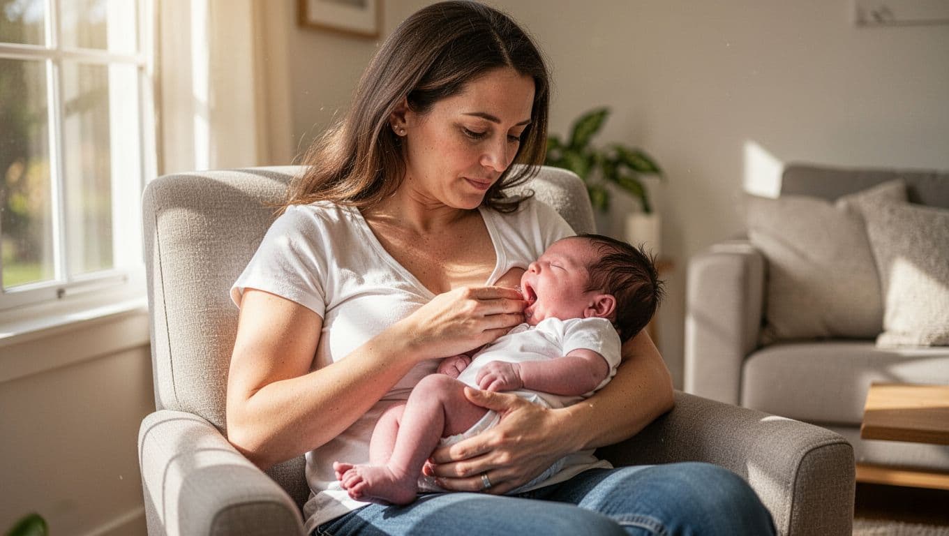 Calm mother breastfeeds newborn skin-to-skin in bright living room on comfortable chair, baby shows rhythmic jaw movements while swallowing, soft natural light, warm tones.