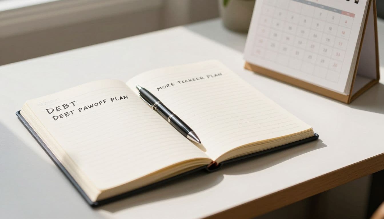 A clean wooden desk features a neatly placed notebook, a sleek pen, and a simple calendar. Soft sunlight streams across the workspace, creating an orderly environment for managing personal finances daily.