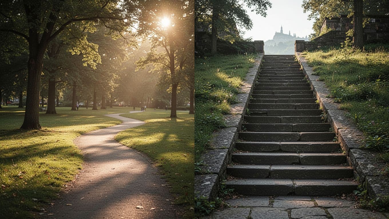 A split composition displays a gentle, sunlit dirt path on the left and a steep, structured stone staircase on the right. Cinematic light creates deep shadows along the distinct climbing routes.