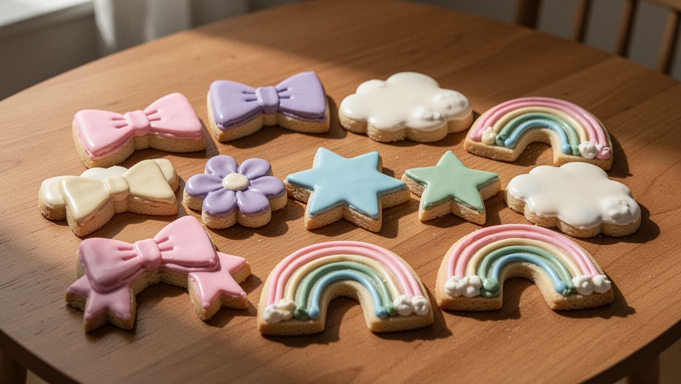 An assortment of frosted sugar cookies shaped like rainbows, stars, and bows sits on a rustic wooden table. Soft pastel icing colors decorate each piece under gentle, bright natural light.