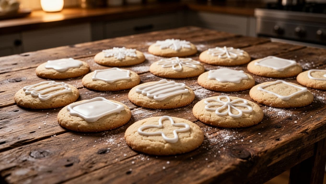 Handmade sugar cookies sit on a rustic wooden table, featuring simple white icing messages that spell out special holiday greetings. Warm kitchen lighting highlights the textures and soft frosting details.