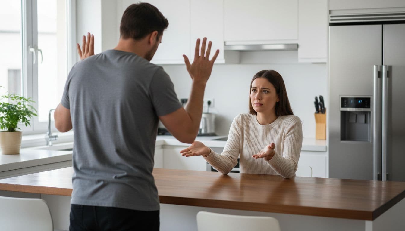 A heterosexual couple in a modern kitchen during a tense discussion: man standing with back turned and hands raised defensively, woman seated at table looking concerned and gesturing openly, natural daylight, realistic photography.