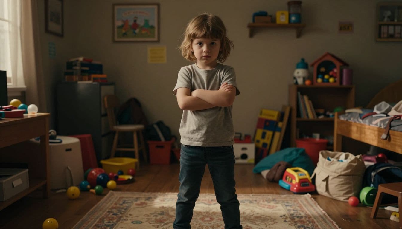 A young child stands amidst a scattered collection of toy blocks and plastic figures. With arms firmly crossed, the child glares defiantly under dramatic lighting that emphasizes the warm, chaotic atmosphere.