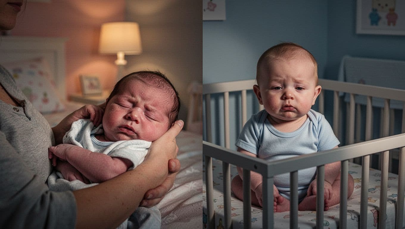Newborn with sunken soft spot on head lies on arm beside tired 6-month baby in crib, dim nursery lighting.