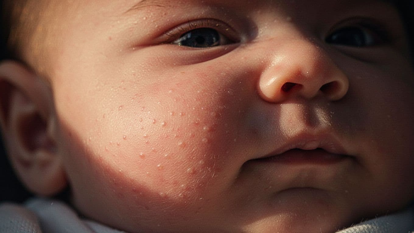 A close-up view captures the soft, smooth surface of an infant cheek illuminated by warm side light. The deep shadows in the background emphasize the subtle contours and gentle skin pores.