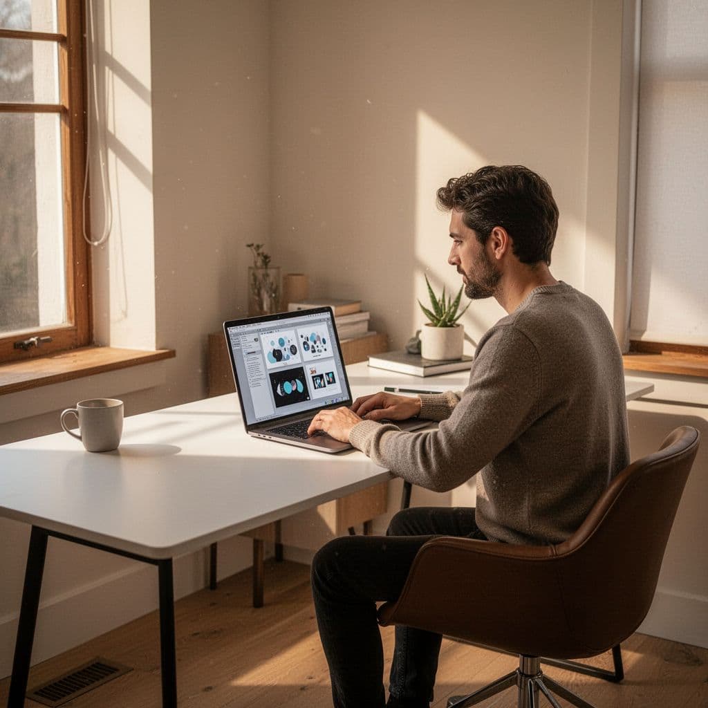 A designer works on a laptop in a minimalist home office to create custom graphic pins.