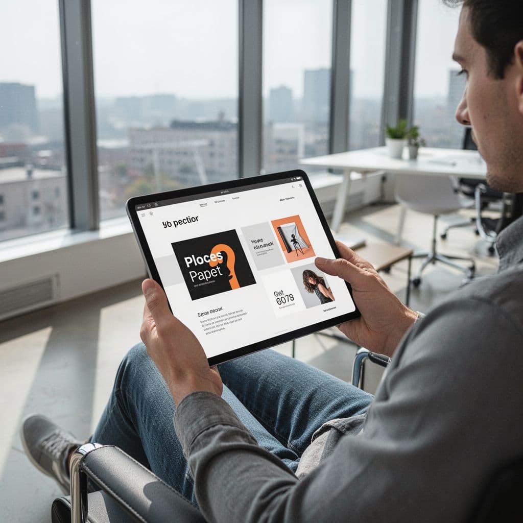 Hands use a tablet to create a clean minimalist slide design in a bright office.