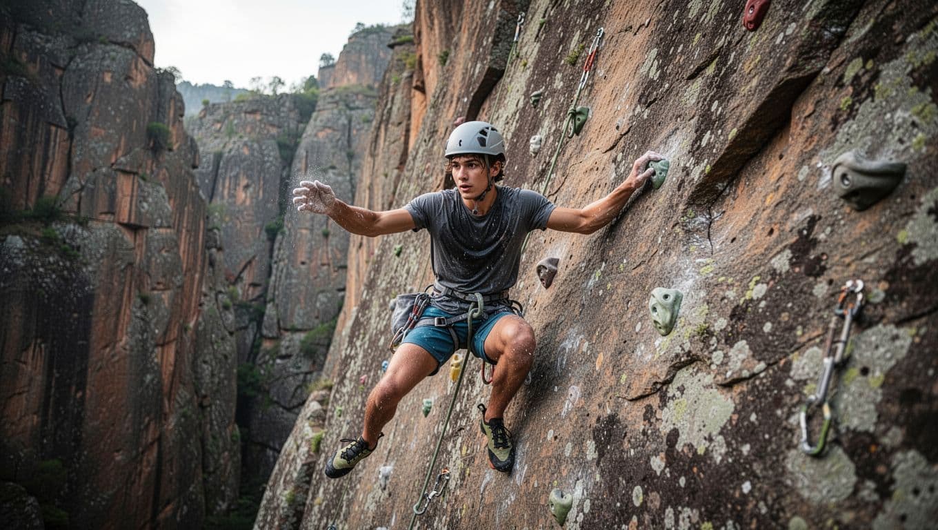 A young athletic man is midway up a steep outdoor rock climbing wall, showing a focused and determined expression while gripping holds with both hands, sweat on his forehead, dressed in climbing gear including harness, helmet, chalk bag, shorts, and t-shirt, captured from a dynamic upward angle in natural daylight against a rocky cliff background.
