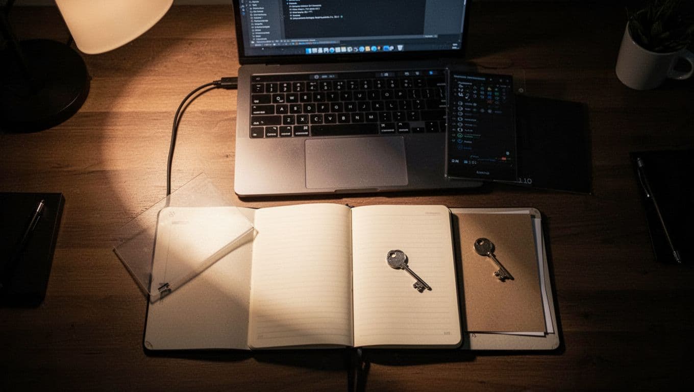 A flat lay view showcases a sleek laptop paired with an open paper notebook and a single metallic key. The dark, uniform surface creates a professional backdrop for these primary office items.