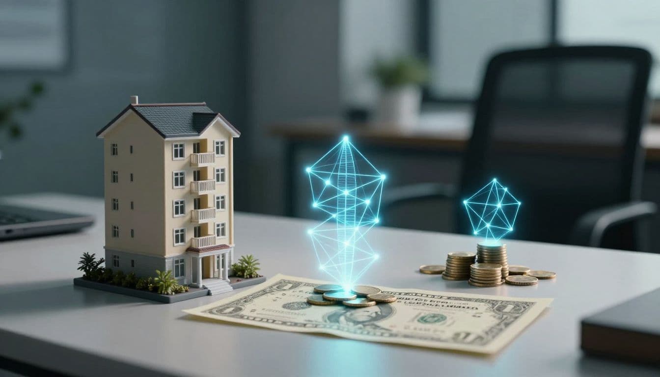 A miniature apartment building, a paper bond, and stacks of coins rest on a dark desk. These physical assets transition into glowing, golden geometric wireframes that illuminate the dim office workspace.