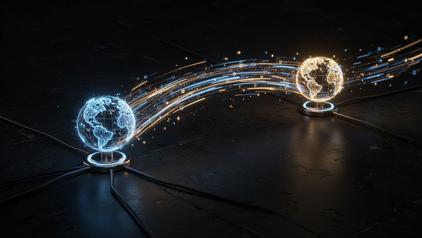 A vibrant stream of glowing light travels between two intricate nodes representing global connection points. The dark background emphasizes the stark blue and gold light trails flowing across the digital space.