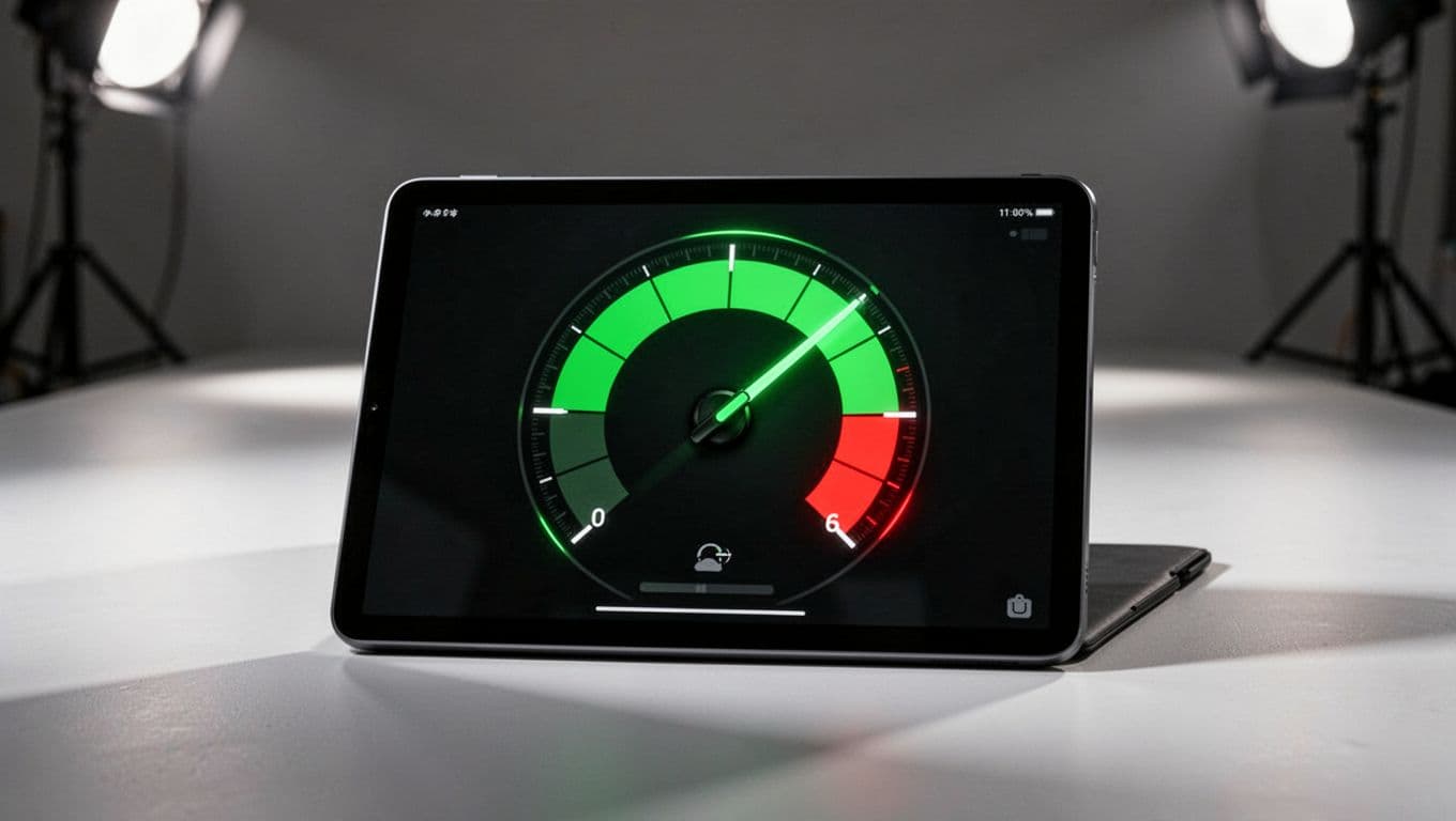 A digital tablet screen displays a circular credit score meter with a needle pointing into the green zone. High contrast studio lighting highlights the screen against a dark, moody background.